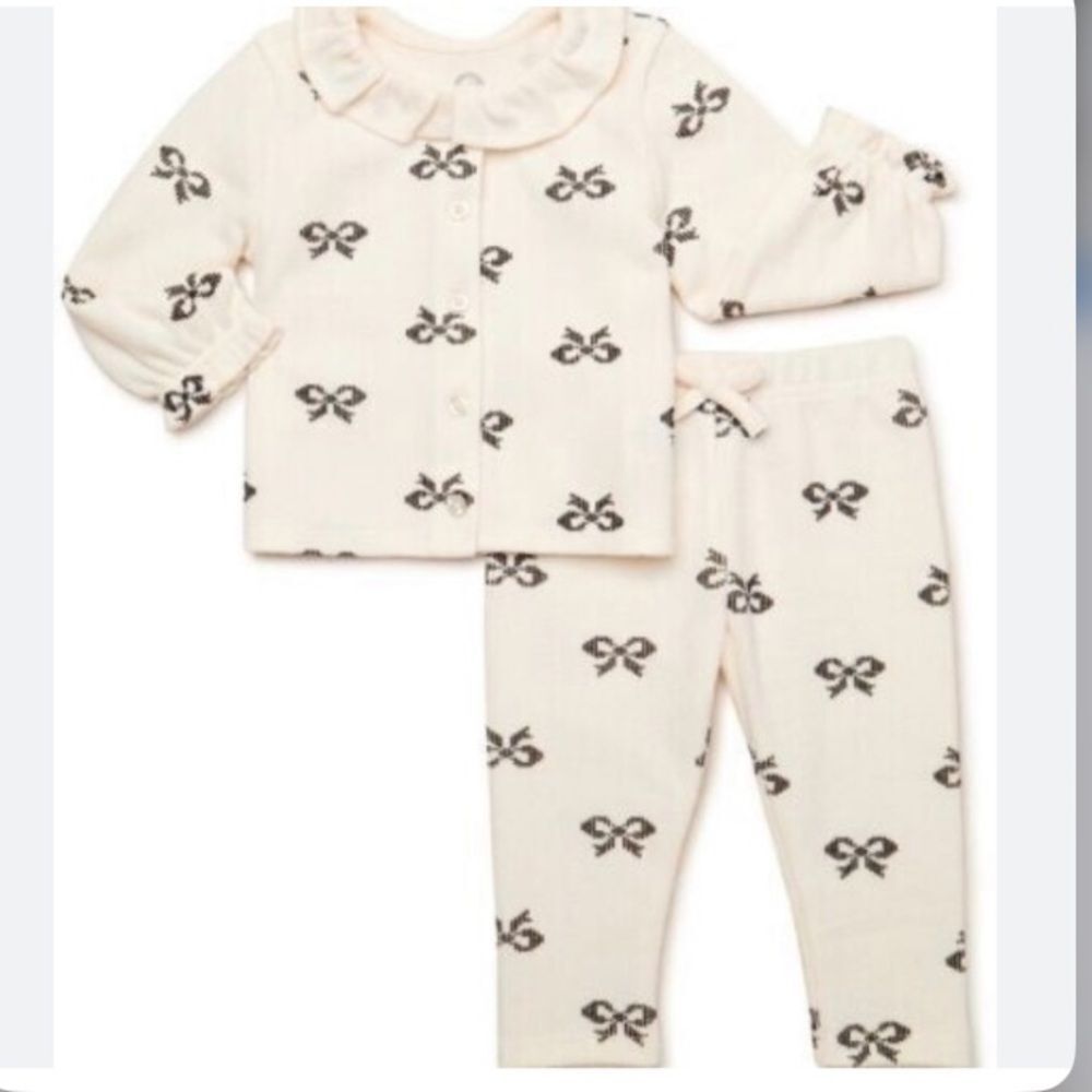 Charming Cream Pajama Set with Black Bow Design